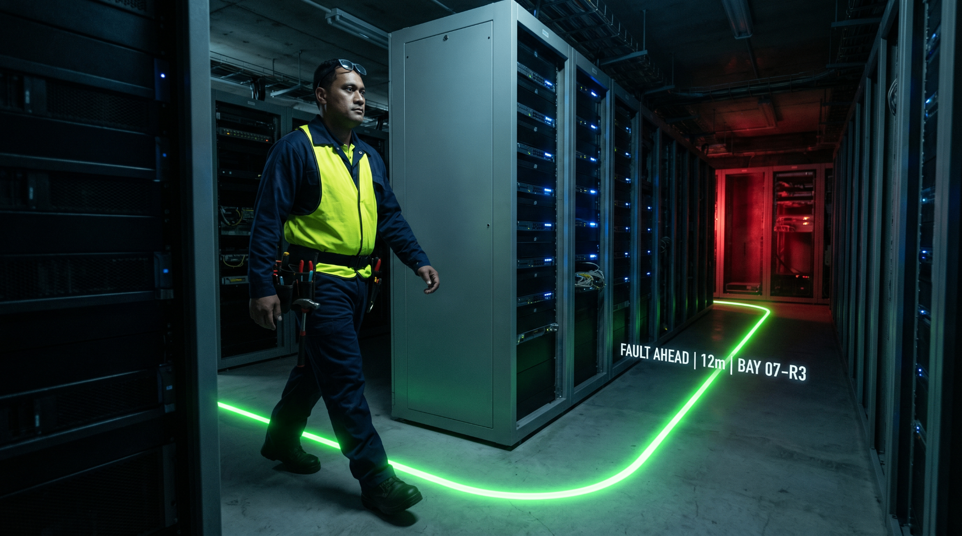 Green AR wayfinding path leading a technician through server rows toward a fault highlighted in red.