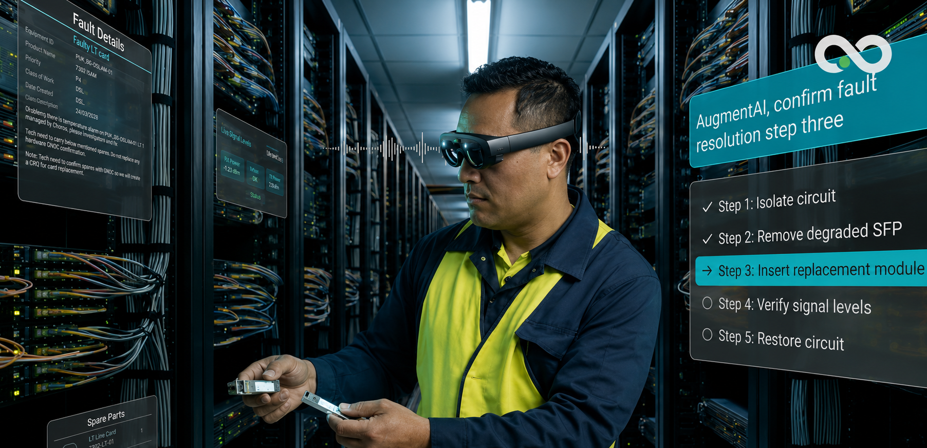 Technician holding an SFP module while Augment AI overlays a five-step guided fault-resolution checklist.